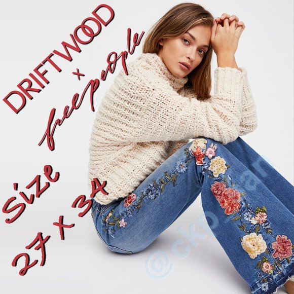 Free People x Driftwood Farrah Embroidered Flare Jeans Sz 27